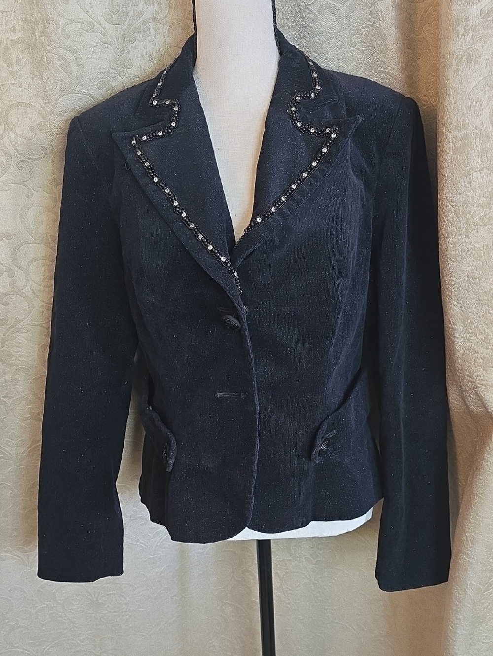 Bisou Bisou Black Beaded Notch-Lapel Blazer Jacket